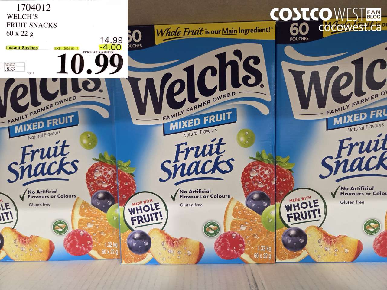 1704012 WELCH'S FRUIT SNACKS 60 X 22 G ($4.00 INSTANT SAVINGS EXPIRES ON 2026-09-13) $10.99