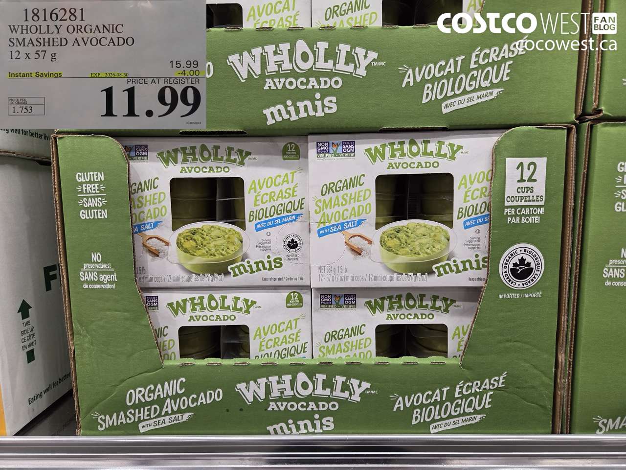 1816281 WHOLLY ORGANIC SMASHED AVOCADO 12 X 57 G ($4.00 INSTANT SAVINGS EXPIRES ON 2026-08-30) $11.99