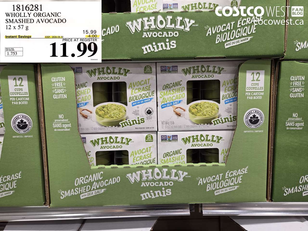 1816281 WHOLLY ORGANIC SMASHED AVOCADO 12 X 57 G ($4.00 INSTANT SAVINGS EXPIRES ON 2026-08-30) $11.99