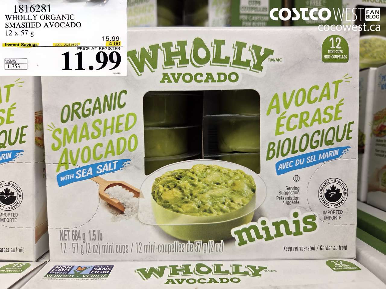1816281 WHOLLY ORGANIC SMASHED AVOCADO 12 X 57 G ($4.00 INSTANT SAVINGS EXPIRES ON 2026-08-30) $11.99