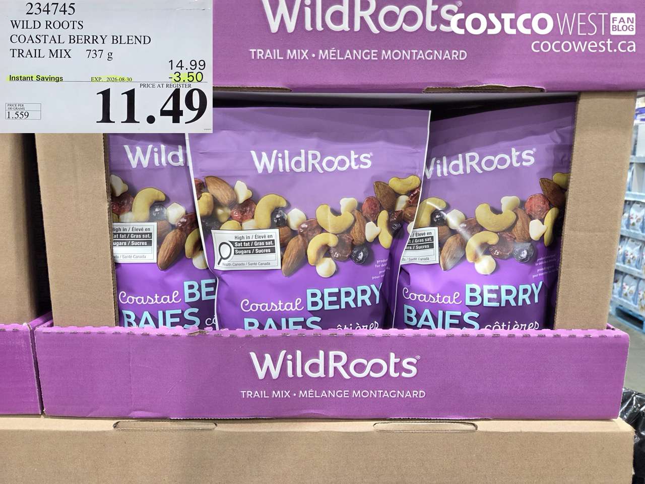 234745 WILD ROOTS COASTAL BERRY BLEND TRAIL MIX 737 G ($3.50 INSTANT SAVINGS EXPIRES ON 2026-08-30) $11.49