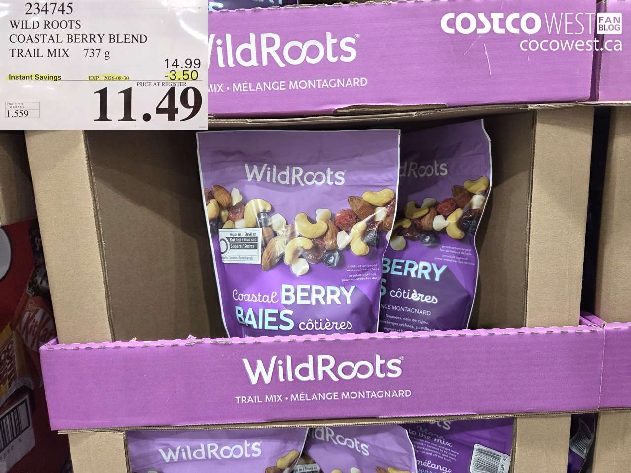 234745 WILD ROOTS COASTAL BERRY BLEND TRAIL MIX 737 G ($3.50 INSTANT SAVINGS EXPIRES ON 2026-08-30) $11.49