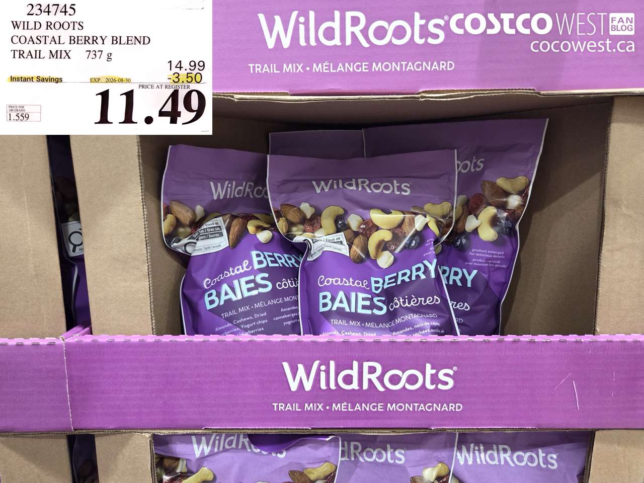 234745 WILD ROOTS COASTAL BERRY BLEND TRAIL MIX 737 G ($3.50 INSTANT SAVINGS EXPIRES ON 2026-08-30) $11.49