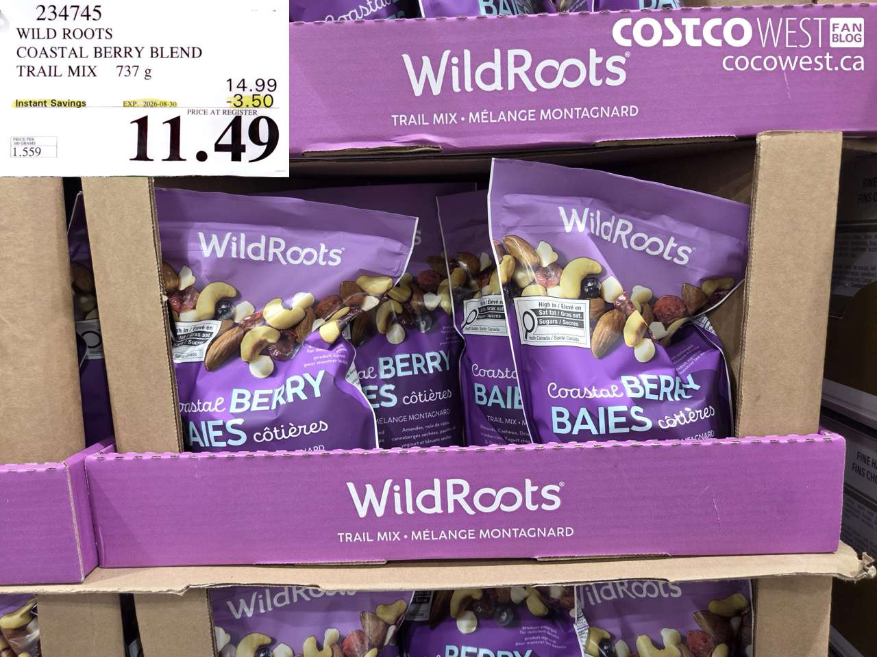 234745 WILD ROOTS COASTAL BERRY BLEND TRAIL MIX 737 G ($3.50 INSTANT SAVINGS EXPIRES ON 2026-08-30) $11.49