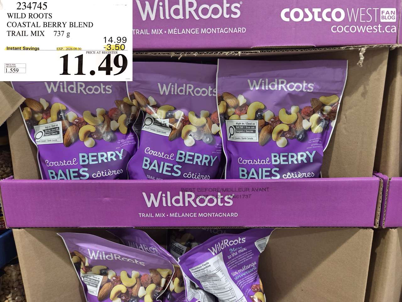 234745 WILD ROOTS COASTAL BERRY BLEND TRAIL MIX 737 G ($3.50 INSTANT SAVINGS EXPIRES ON 2026-08-30) $11.49