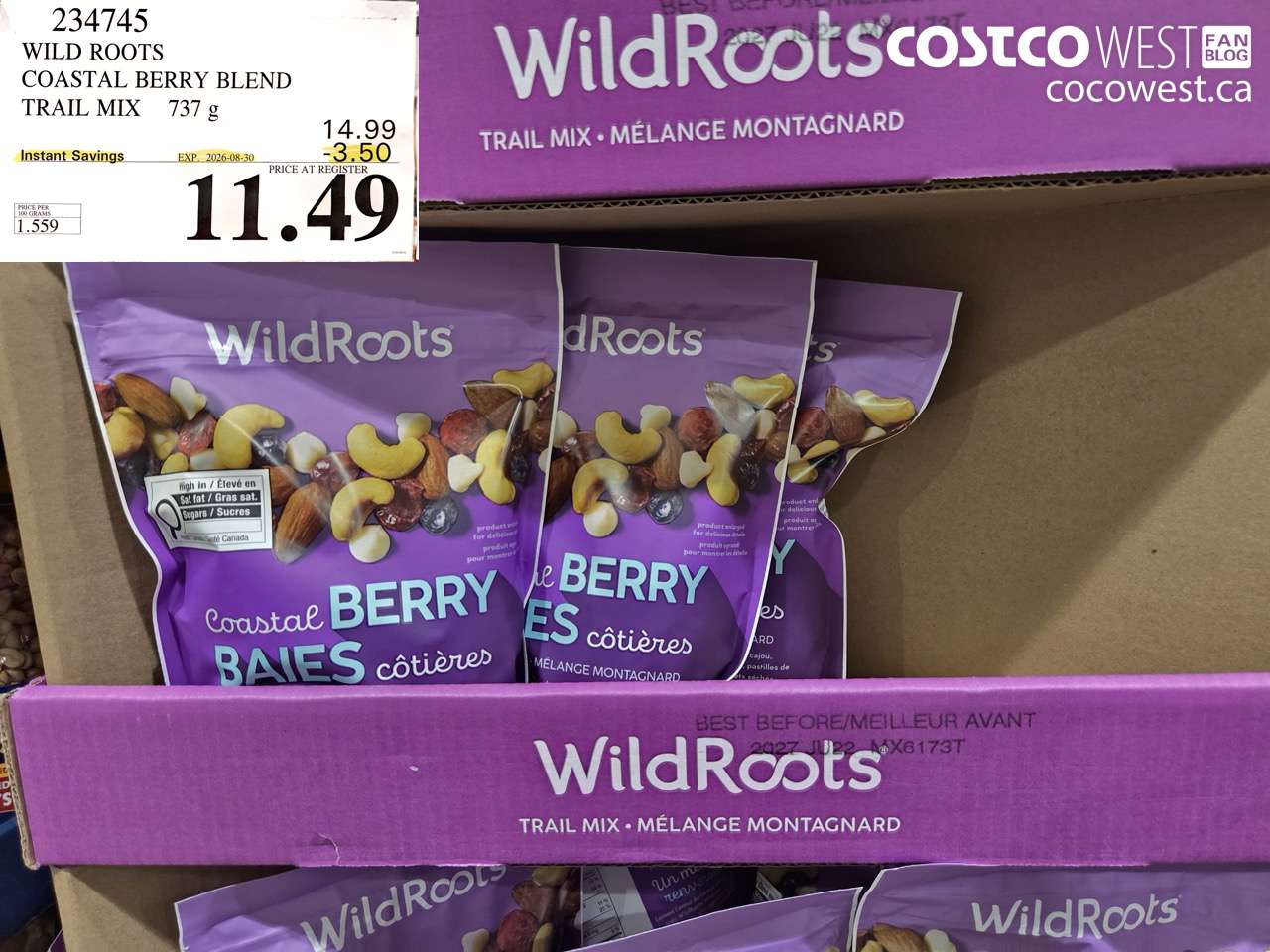 234745 WILD ROOTS COASTAL BERRY BLEND TRAIL MIX 737 G ($3.50 INSTANT SAVINGS EXPIRES ON 2026-08-30) $11.49