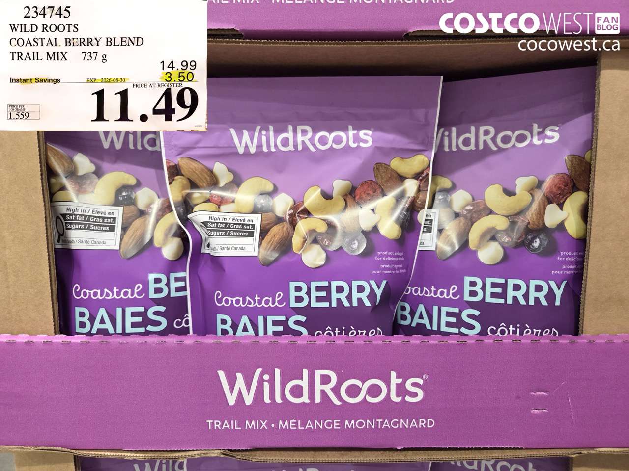 234745 WILD ROOTS COASTAL BERRY BLEND TRAIL MIX 737 G ($3.50 INSTANT SAVINGS EXPIRES ON 2026-08-30) $11.49