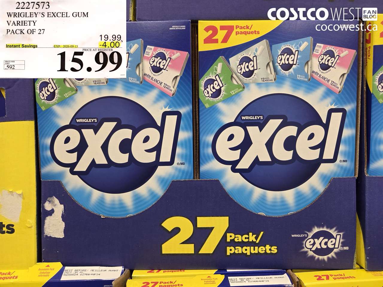 2227573 WRIGLEY'S EXCEL GUM VARIETY PACK OF 27 ($4.00 INSTANT SAVINGS EXPIRES ON 2026-09-13) $15.99