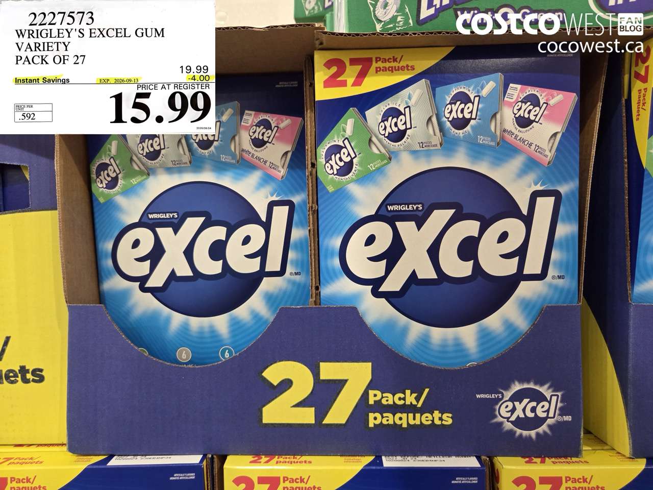 2227573 WRIGLEY'S EXCEL GUM VARIETY PACK OF 27 ($4.00 INSTANT SAVINGS EXPIRES ON 2026-09-13) $15.99