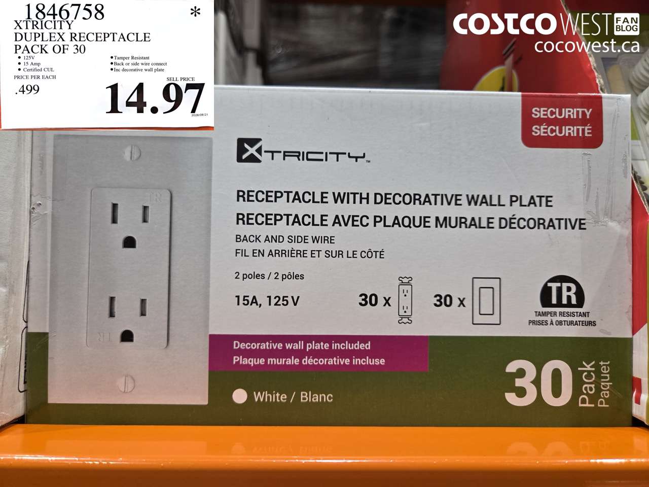 1846758 XTRICITY DUPLEX RECEPTACLE PACK OF 30 $14.97