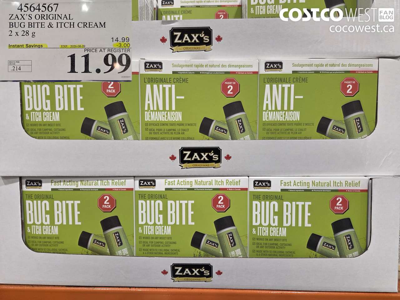 4564567 ZAX'S ORIGINAL BUG BITE & ITCH CREAM 2 X 28 G ($3.00 INSTANT SAVINGS EXPIRES ON 2026-08-09) $11.99