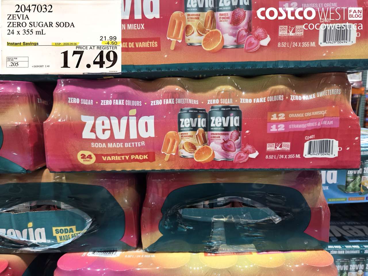 2047032 ZEVIA ZERO SUGAR SODA 24 X 355 ML ($4.50 INSTANT SAVINGS EXPIRES ON 2026-09-06) $17.49