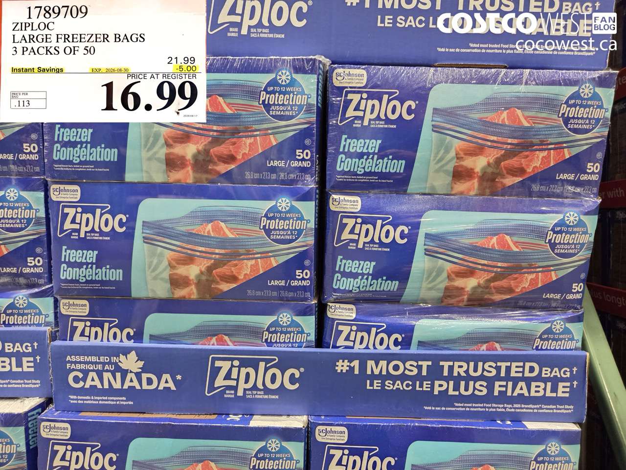 1789709 ZIPLOC LARGE FREEZER BAGS 3 PACKS OF 50 ($5.00 INSTANT SAVINGS EXPIRES ON 2026-08-30) $16.99