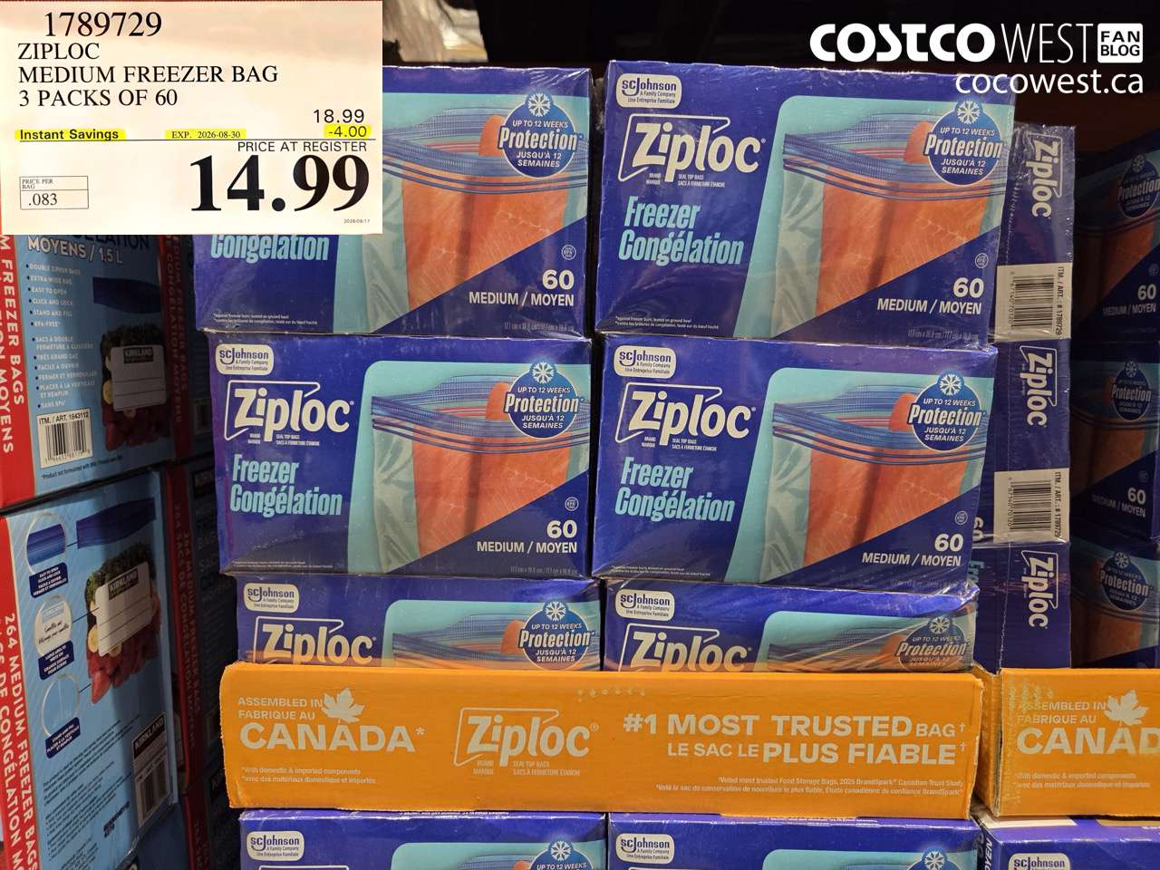 1789729 ZIPLOC MEDIUM FREEZER BAG 3 PACKS OF 60 ($4.00 INSTANT SAVINGS EXPIRES ON 2026-08-30) $14.99
