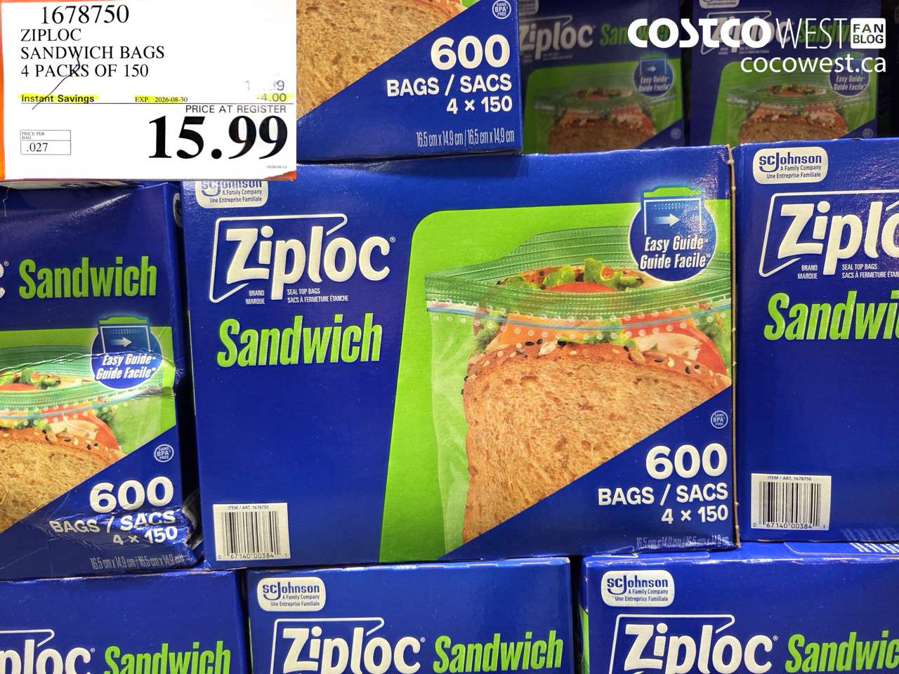 1678750 ZIPLOC SANDWICH BAGS 4 PACKS OF 150 ($4.00 INSTANT SAVINGS EXPIRES ON 2026-08-30) $15.99