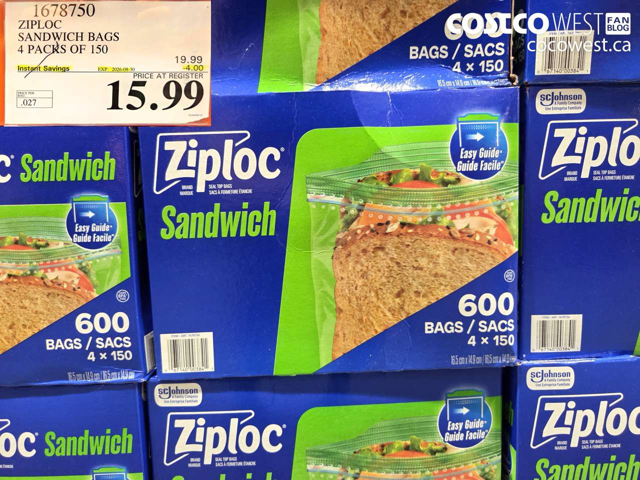 1678750 ZIPLOC SANDWICH BAGS 4 PACKS OF 150 ($4.00 INSTANT SAVINGS EXPIRES ON 2026-08-30) $15.99