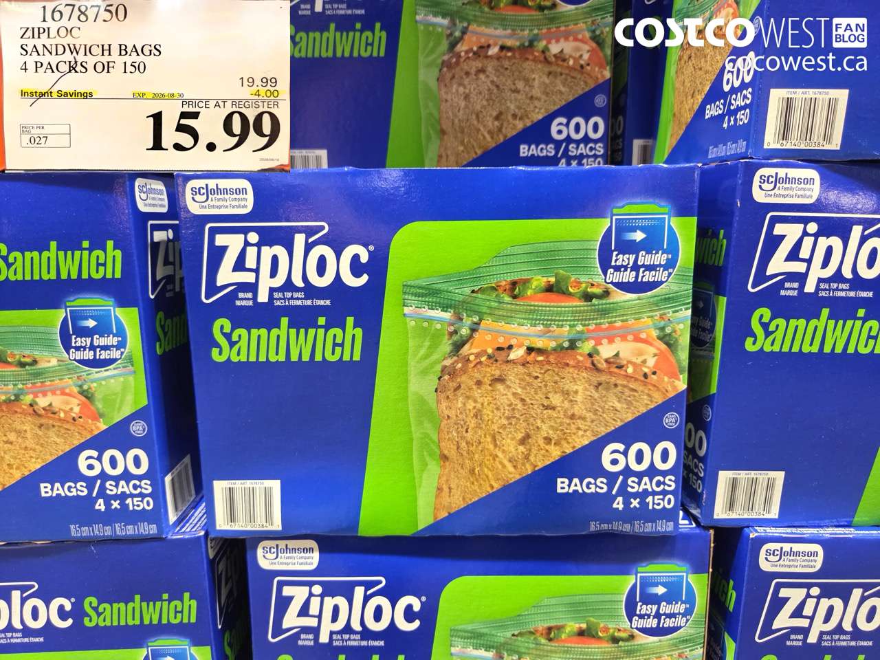 1678750 ZIPLOC SANDWICH BAGS 4 PACKS OF 150 ($4.00 INSTANT SAVINGS EXPIRES ON 2026-08-30) $15.99