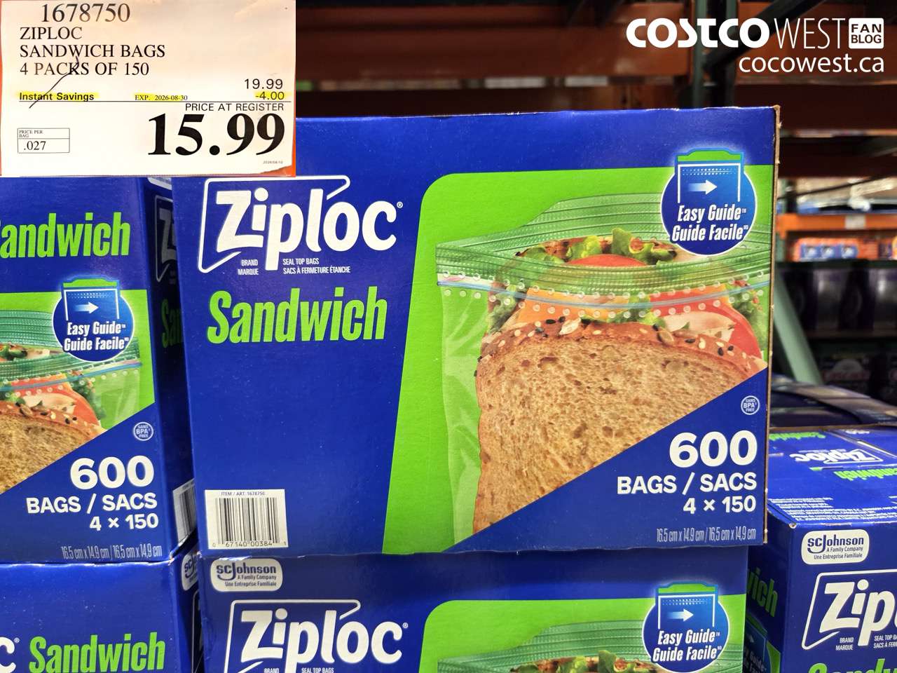 1678750 ZIPLOC SANDWICH BAGS 4 PACKS OF 150 ($4.00 INSTANT SAVINGS EXPIRES ON 2026-08-30) $15.99
