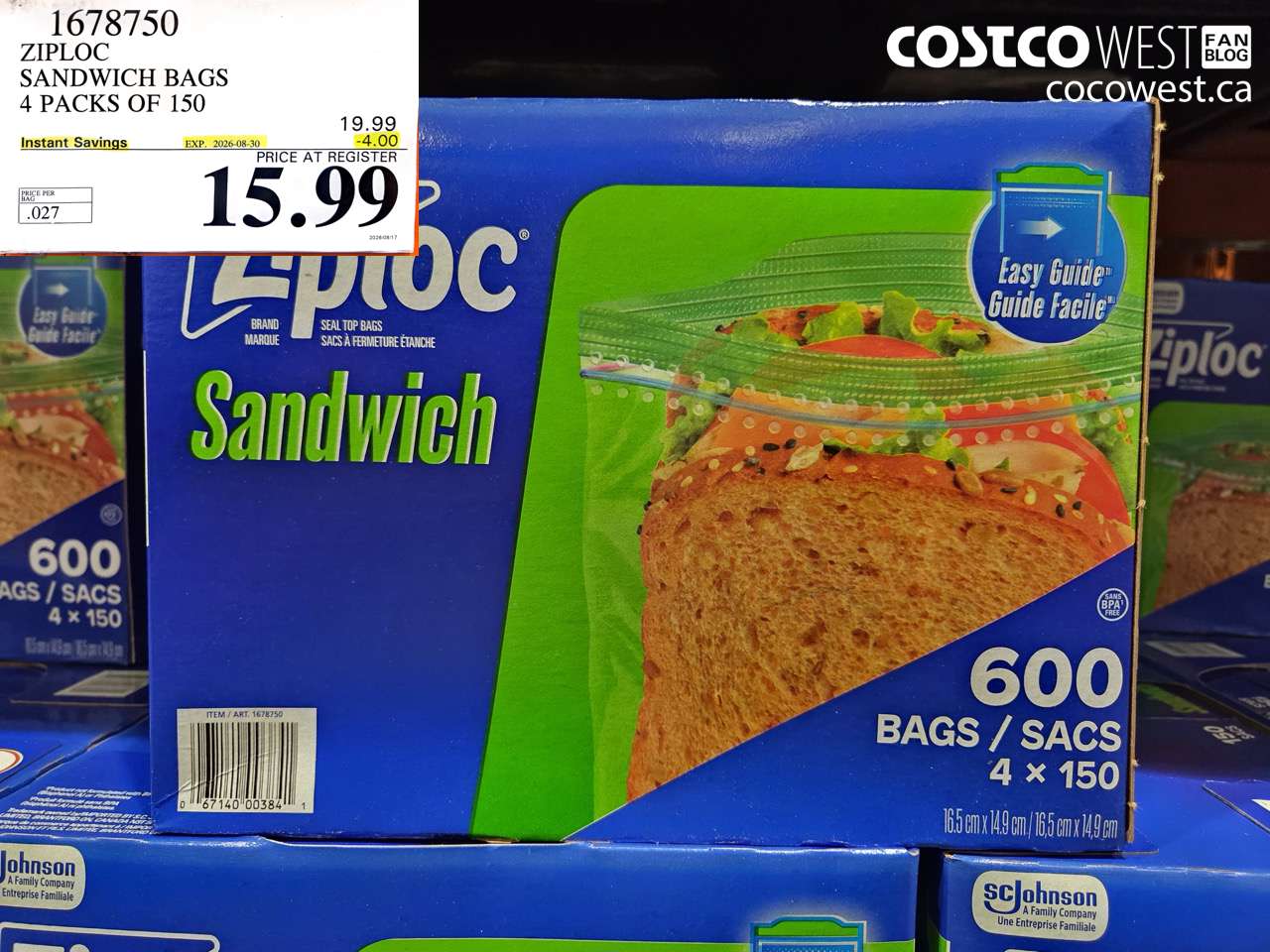 1678750 ZIPLOC SANDWICH BAGS 4 PACKS OF 150 ($4.00 INSTANT SAVINGS EXPIRES ON 2026-08-30) $15.99