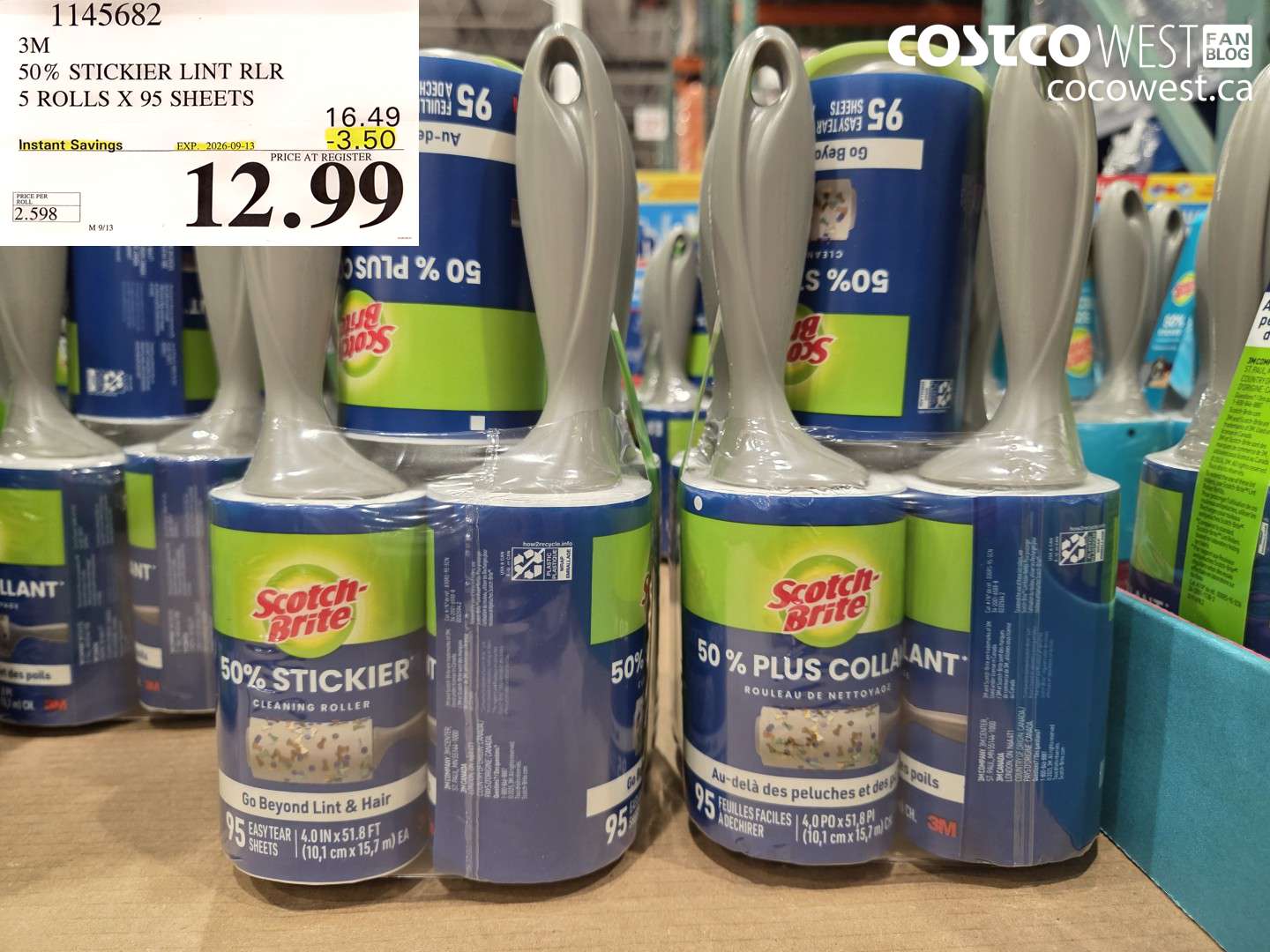 1145682 3M 50% STICKIER LINT RLR 5 ROLLS X 95 SHEETS ($3.50 INSTANT SAVINGS EXPIRES ON 2026-09-13) $12.99
