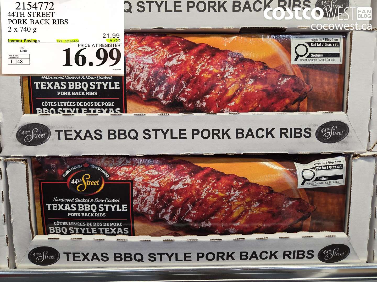 2154772 44TH STREET PORK BACK RIBS 2 X 740 G ($5.00 INSTANT SAVINGS EXPIRES ON 2026-09-20) $16.99