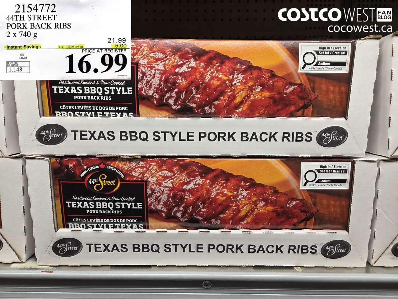 2154772 44TH STREET PORK BACK RIBS 2 X 740 G ($5.00 INSTANT SAVINGS EXPIRES ON 2026-09-20) $16.99