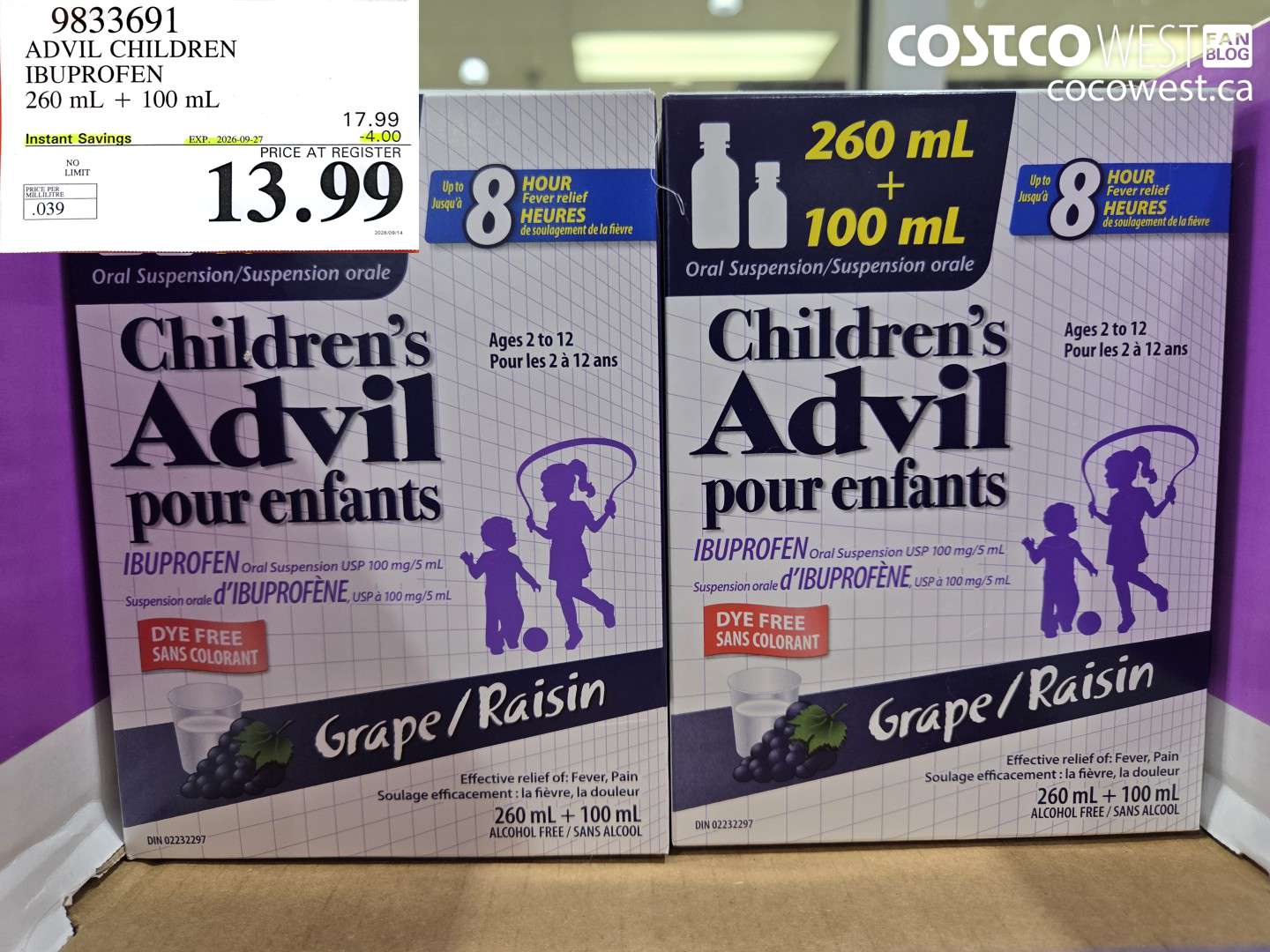 9833691 ADVIL CHILDREN IBUPROFEN 260 ML + 100 ML ($4.00 INSTANT SAVINGS EXPIRES ON 2026-09-27) $13.99