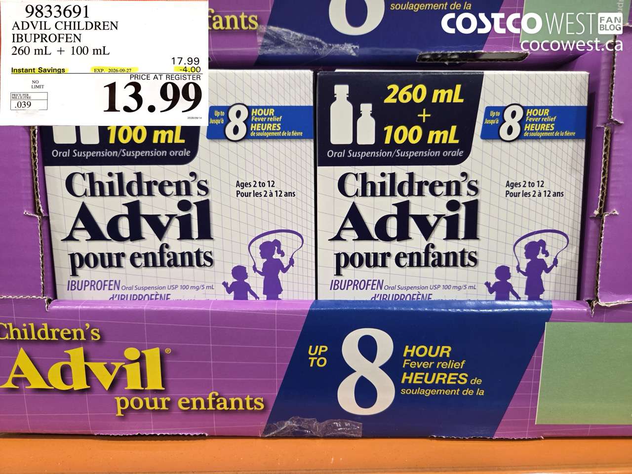 9833691 ADVIL CHILDREN IBUPROFEN 260 ML + 100 ML ($4.00 INSTANT SAVINGS EXPIRES ON 2026-09-27) $13.99