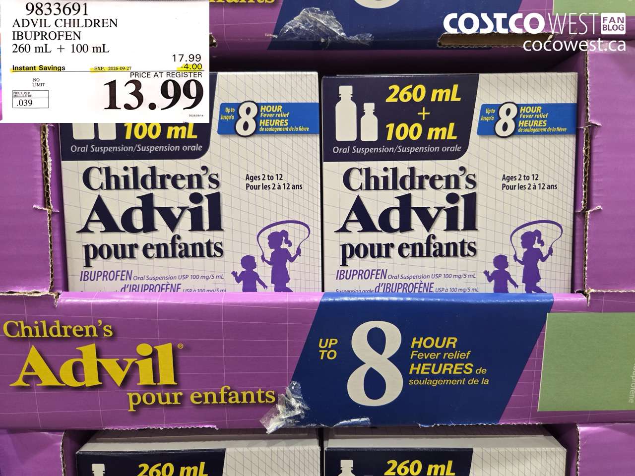 9833691 ADVIL CHILDREN IBUPROFEN 260 ML + 100 ML ($4.00 INSTANT SAVINGS EXPIRES ON 2026-09-27) $13.99