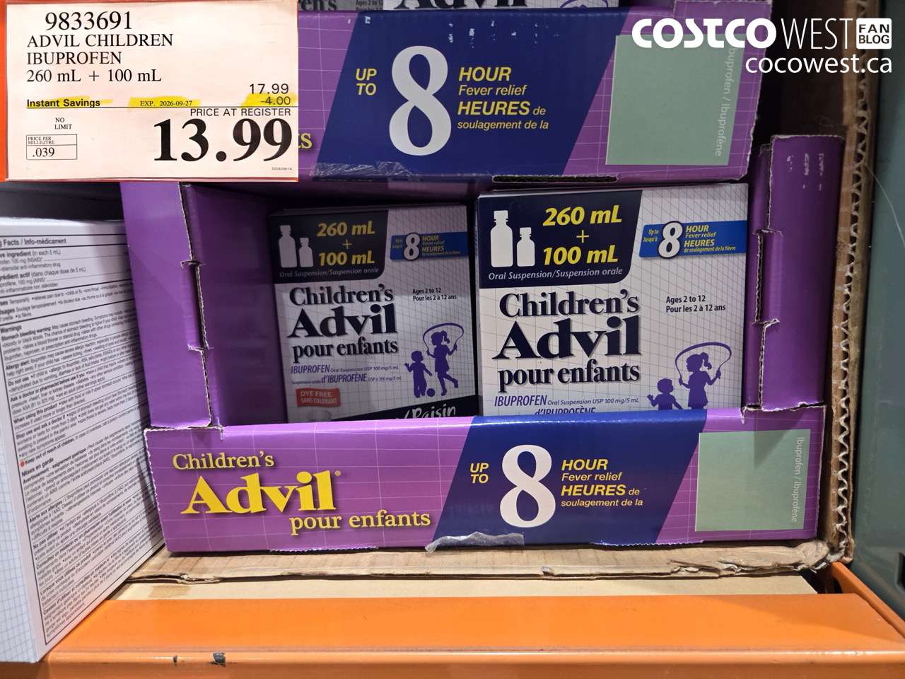 9833691 ADVIL CHILDREN IBUPROFEN 260 ML + 100 ML ($4.00 INSTANT SAVINGS EXPIRES ON 2026-09-27) $13.99