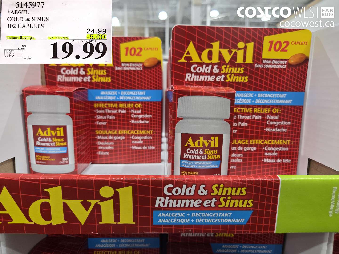 5145977 ADVIL COLD & SINUS 102 CAPLETS ($5.00 INSTANT SAVINGS EXPIRES ON 2026-09-27) $19.99