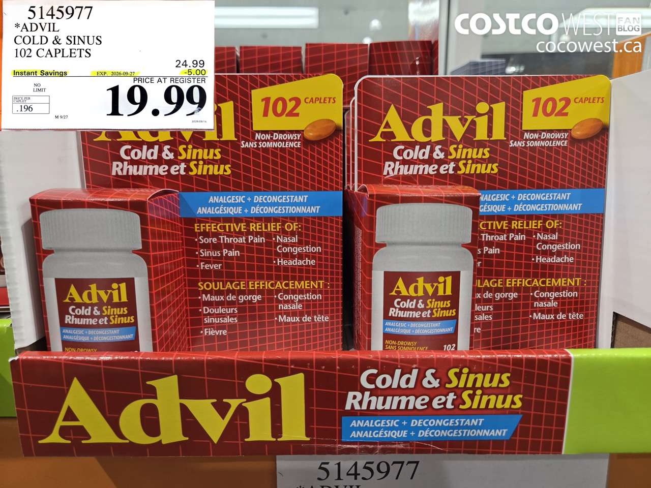 5145977 ADVIL COLD & SINUS 102 CAPLETS ($5.00 INSTANT SAVINGS EXPIRES ON 2026-09-27) $19.99