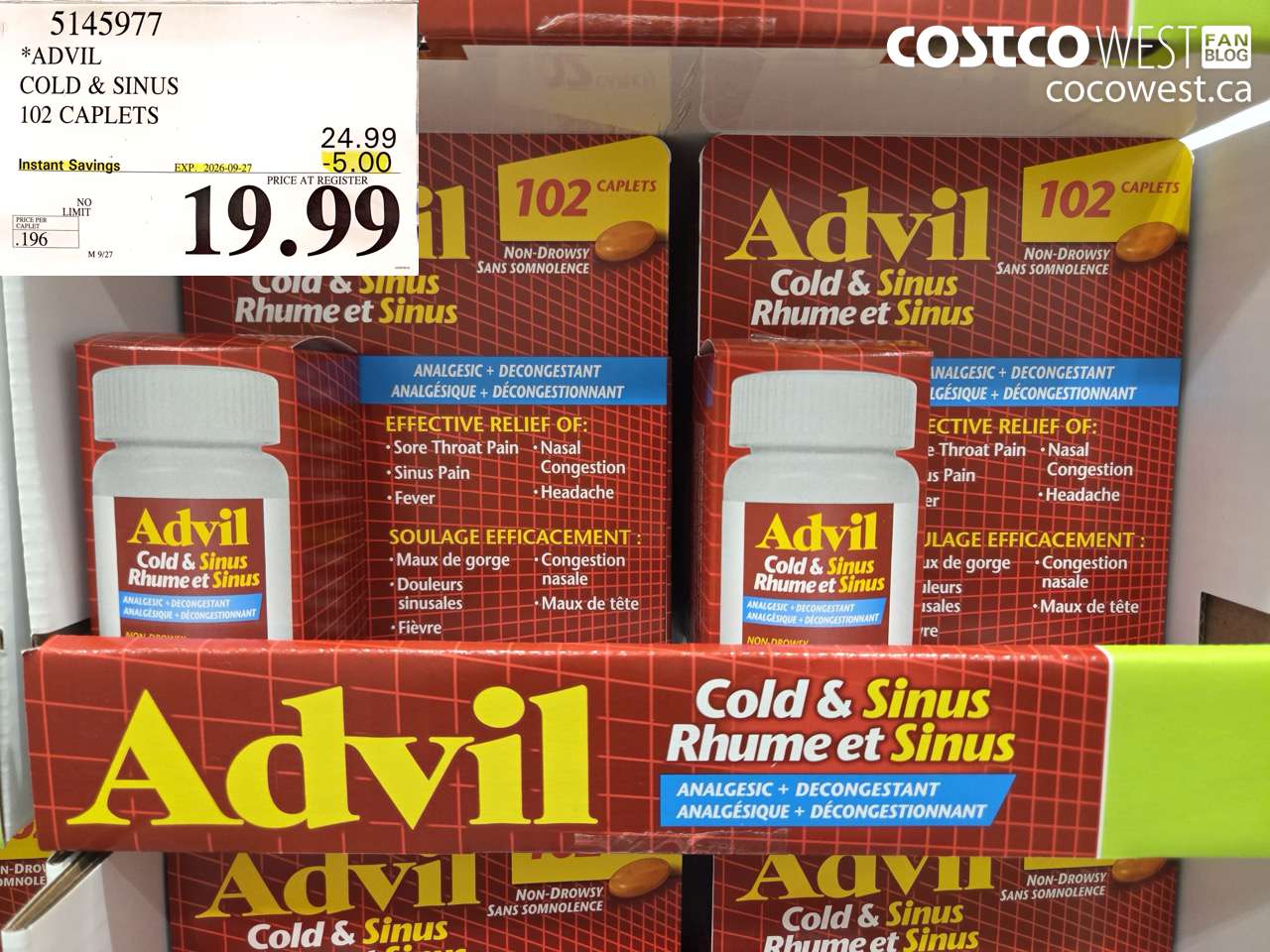 5145977 ADVIL COLD & SINUS 102 CAPLETS ($5.00 INSTANT SAVINGS EXPIRES ON 2026-09-27) $19.99