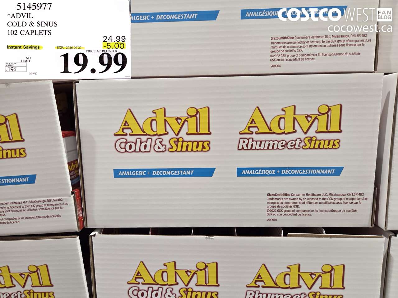 5145977 ADVIL COLD & SINUS 102 CAPLETS ($5.00 INSTANT SAVINGS EXPIRES ON 2026-09-27) $19.99