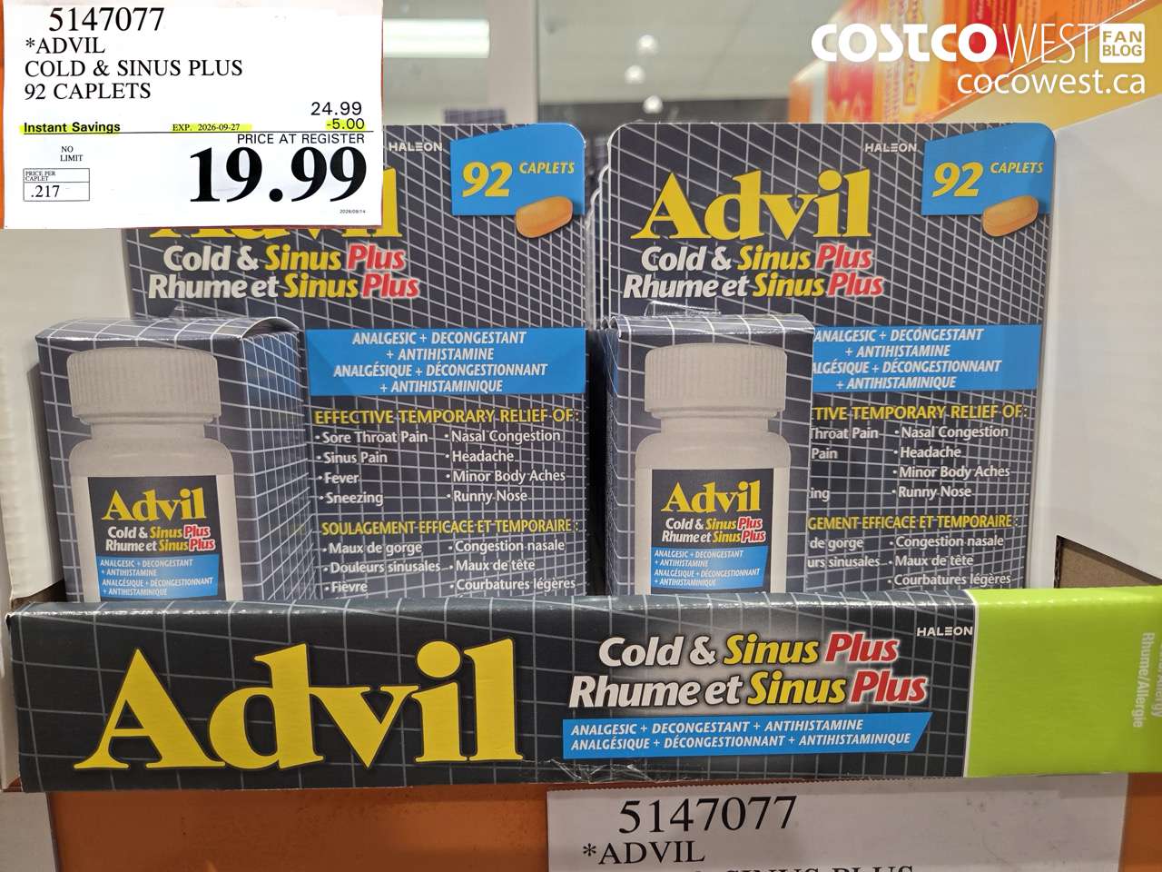 5147077 ADVIL COLD & SINUS PLUS 92 CAPLETS ($5.00 INSTANT SAVINGS EXPIRES ON 2026-09-27) $19.99