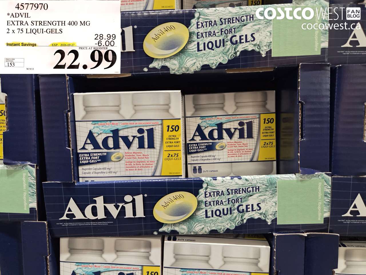 4577970 ADVIL EXTRA STRENGTH 400 MG 2 X 75 LIQUI-GELS ($6.00 INSTANT SAVINGS EXPIRES ON 2026-09-27) $22.99