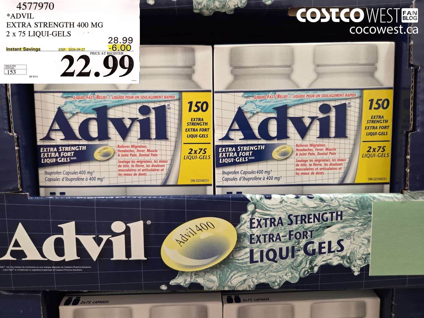 4577970 ADVIL EXTRA STRENGTH 400 MG 2 X 75 LIQUI-GELS ($6.00 INSTANT SAVINGS EXPIRES ON 2026-09-27) $22.99