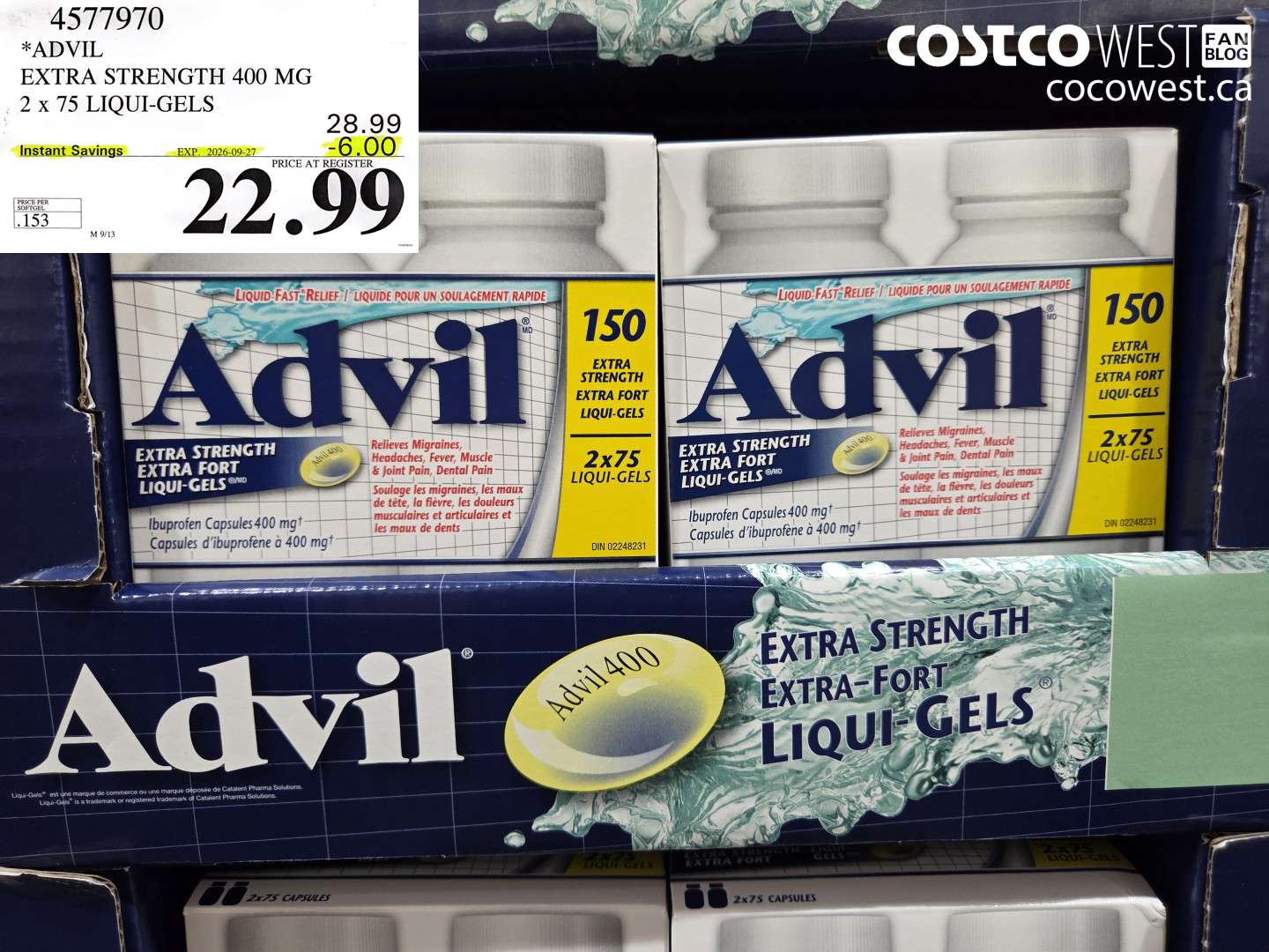 4577970 ADVIL EXTRA STRENGTH 400 MG 2 X 75 LIQUI-GELS ($6.00 INSTANT SAVINGS EXPIRES ON 2026-09-27) $22.99
