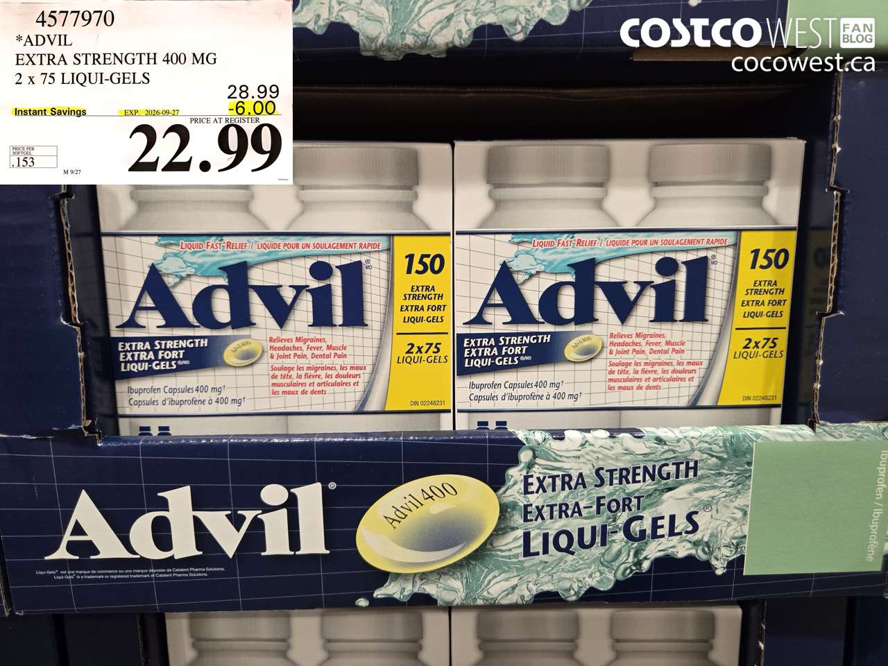 4577970 ADVIL EXTRA STRENGTH 400 MG 2 X 75 LIQUI-GELS ($6.00 INSTANT SAVINGS EXPIRES ON 2026-09-27) $22.99