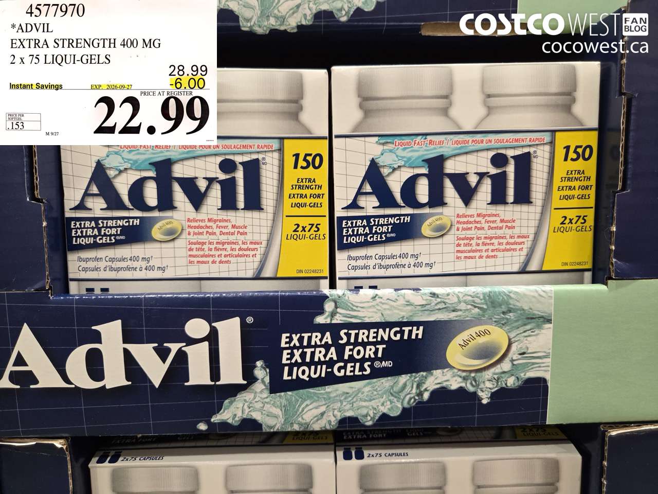 4577970 ADVIL EXTRA STRENGTH 400 MG 2 X 75 LIQUI-GELS ($6.00 INSTANT SAVINGS EXPIRES ON 2026-09-27) $22.99