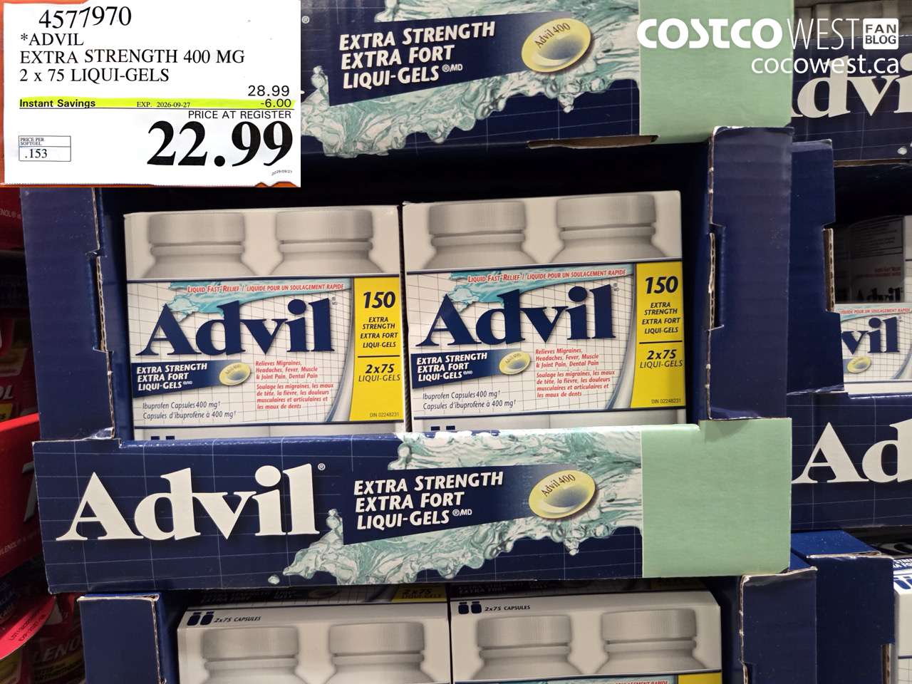 4577970 ADVIL EXTRA STRENGTH 400 MG 2 X 75 LIQUI-GELS ($6.00 INSTANT SAVINGS EXPIRES ON 2026-09-27) $22.99