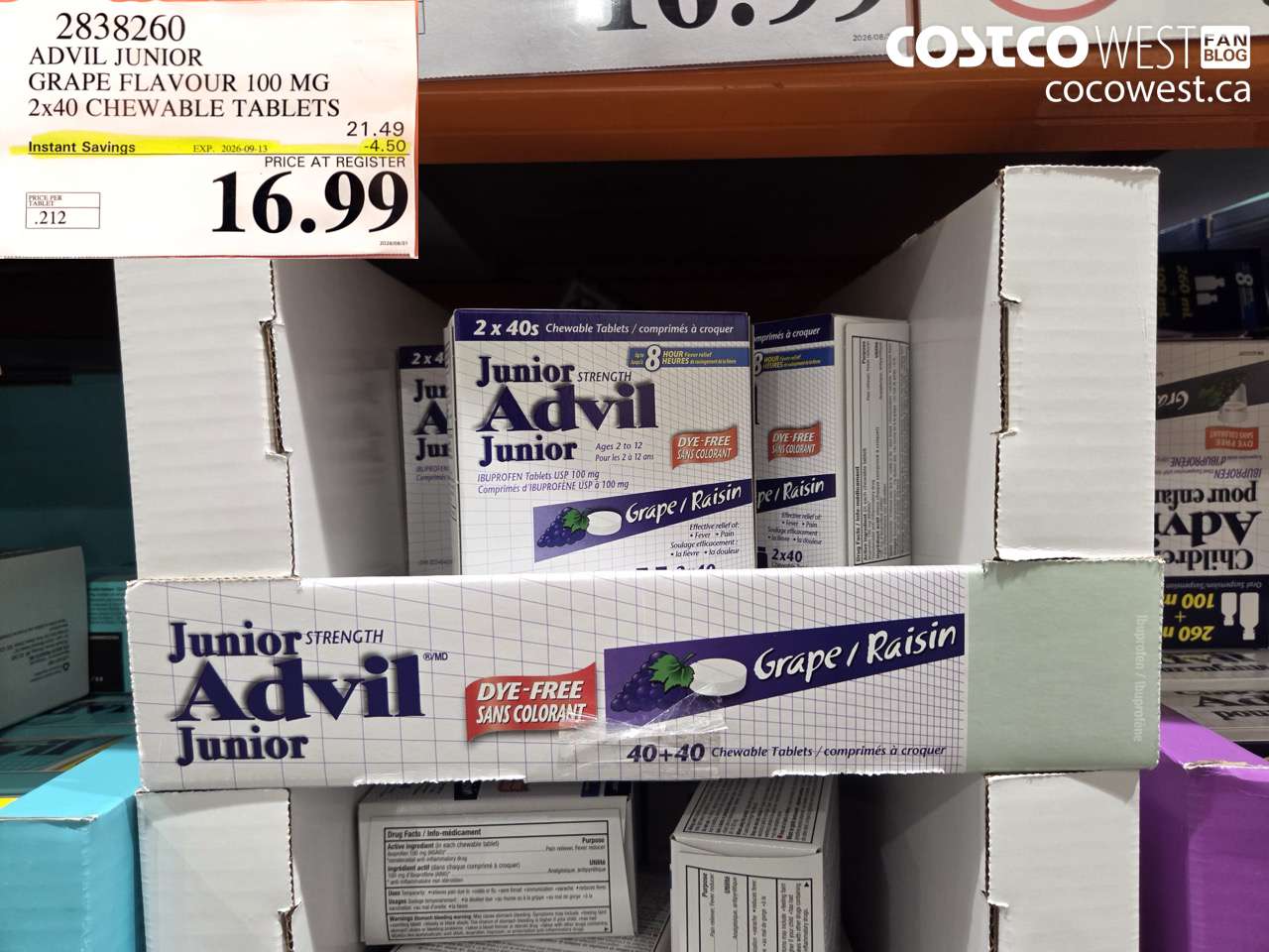 2838260 ADVIL JUNIOR GRAPE FLAVOUR 100 MG 2X40 CHEWABLE TABLETS ($4.50 INSTANT SAVINGS EXPIRES ON 2026-09-13) $16.99