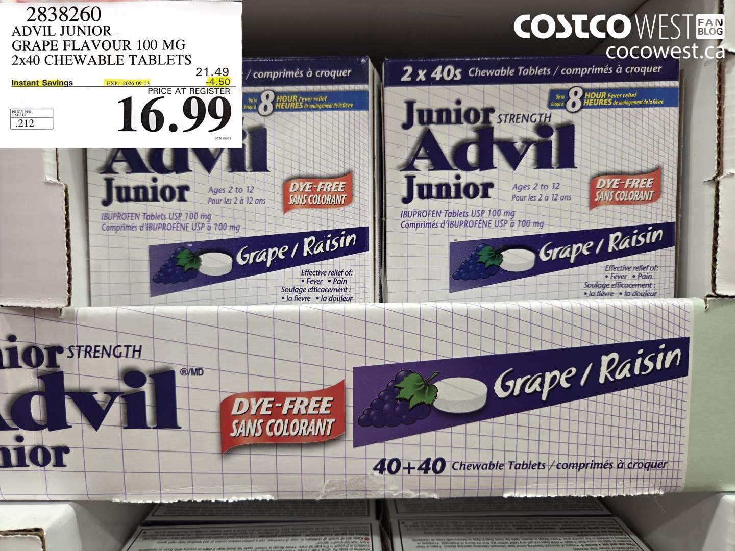 2838260 ADVIL JUNIOR GRAPE FLAVOUR 100 MG 2X40 CHEWABLE TABLETS ($4.50 INSTANT SAVINGS EXPIRES ON 2026-09-13) $16.99