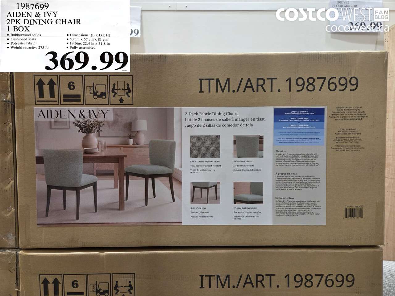 1987699 AIDEN & IVY 2PK DINING CHAIR 1 BOX $369.99