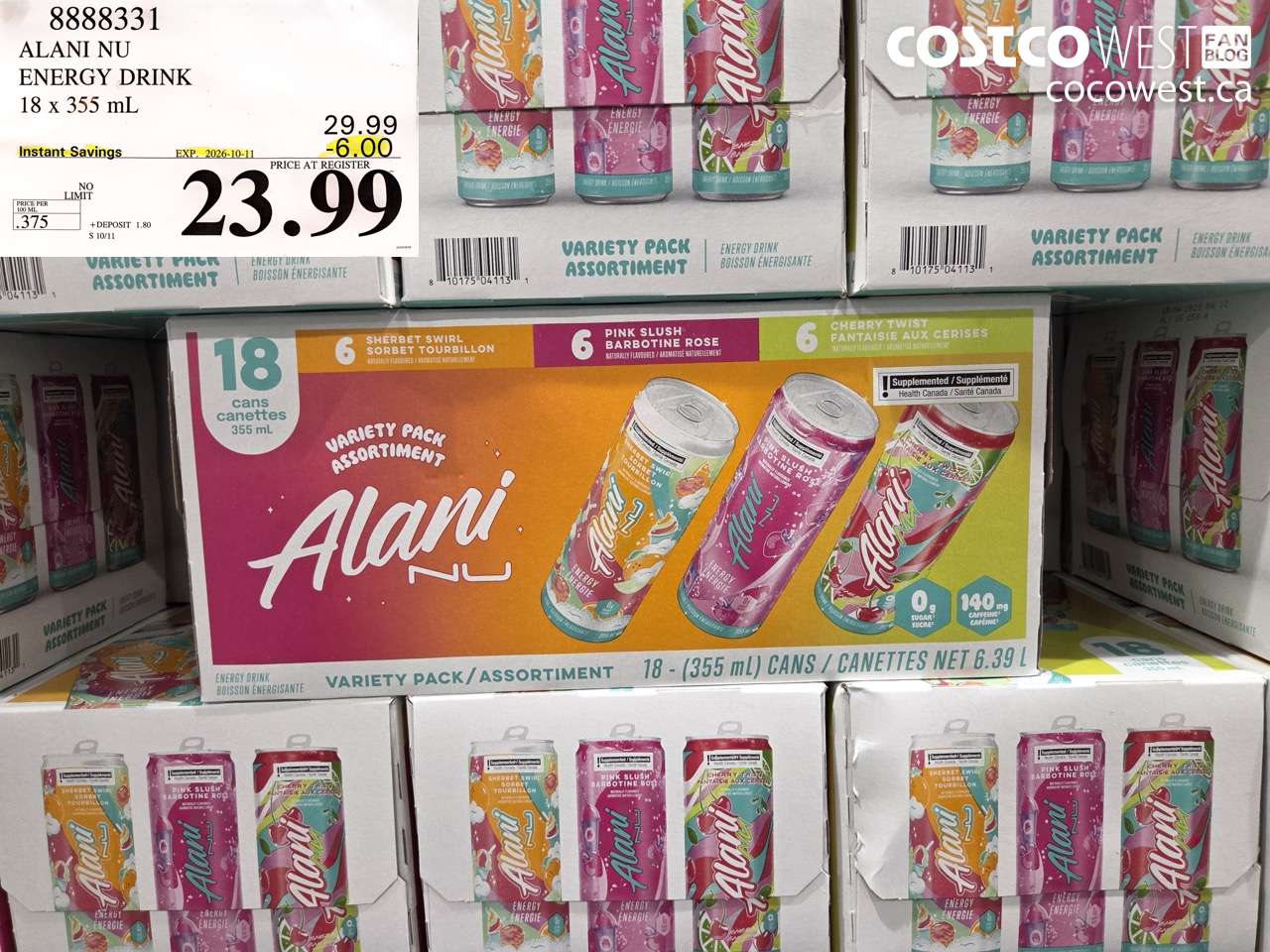 8888331 ALANI NU ENERGY DRINK 18 X 355 ML ($6.00 INSTANT SAVINGS EXPIRES ON 2026-10-11) $23.99