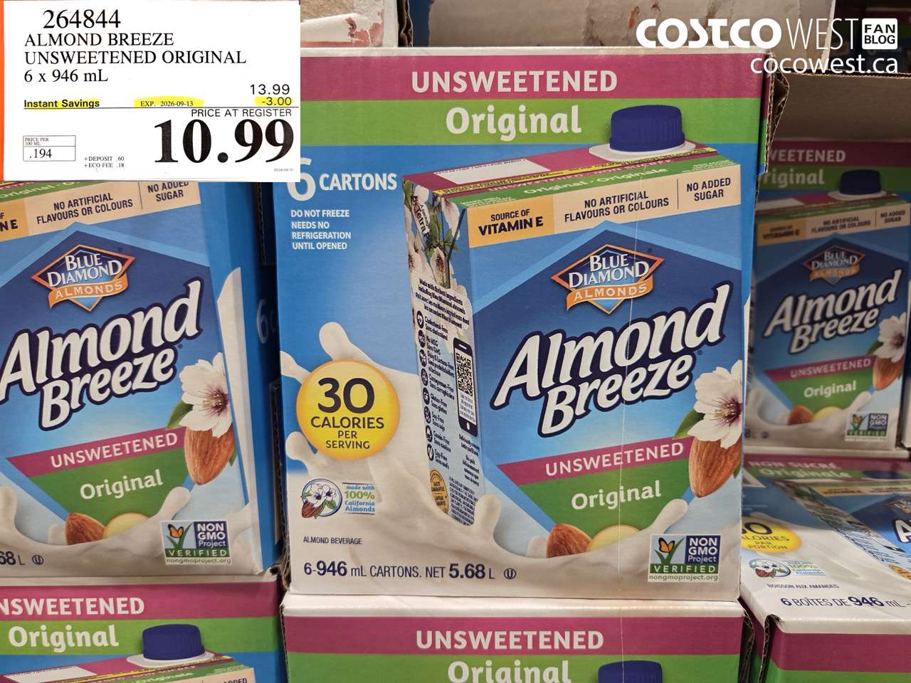 264844 ALMOND BREEZE UNSWEETENED ORIGINAL 6 X 946 ML ($3.00 INSTANT SAVINGS EXPIRES ON 2026-09-13) $10.99