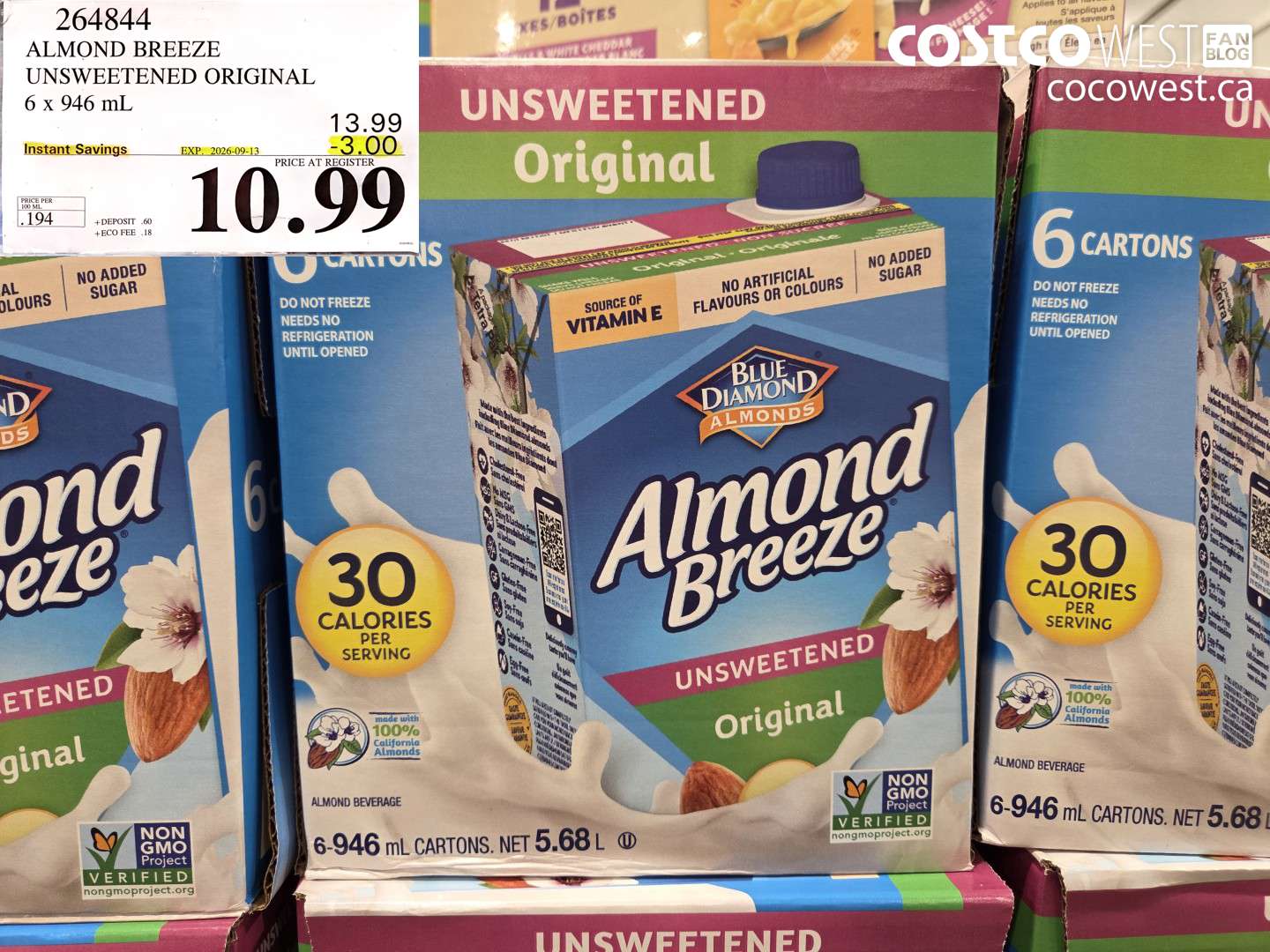 264844 ALMOND BREEZE UNSWEETENED ORIGINAL 6 X 946 ML ($3.00 INSTANT SAVINGS EXPIRES ON 2026-09-13) $10.99