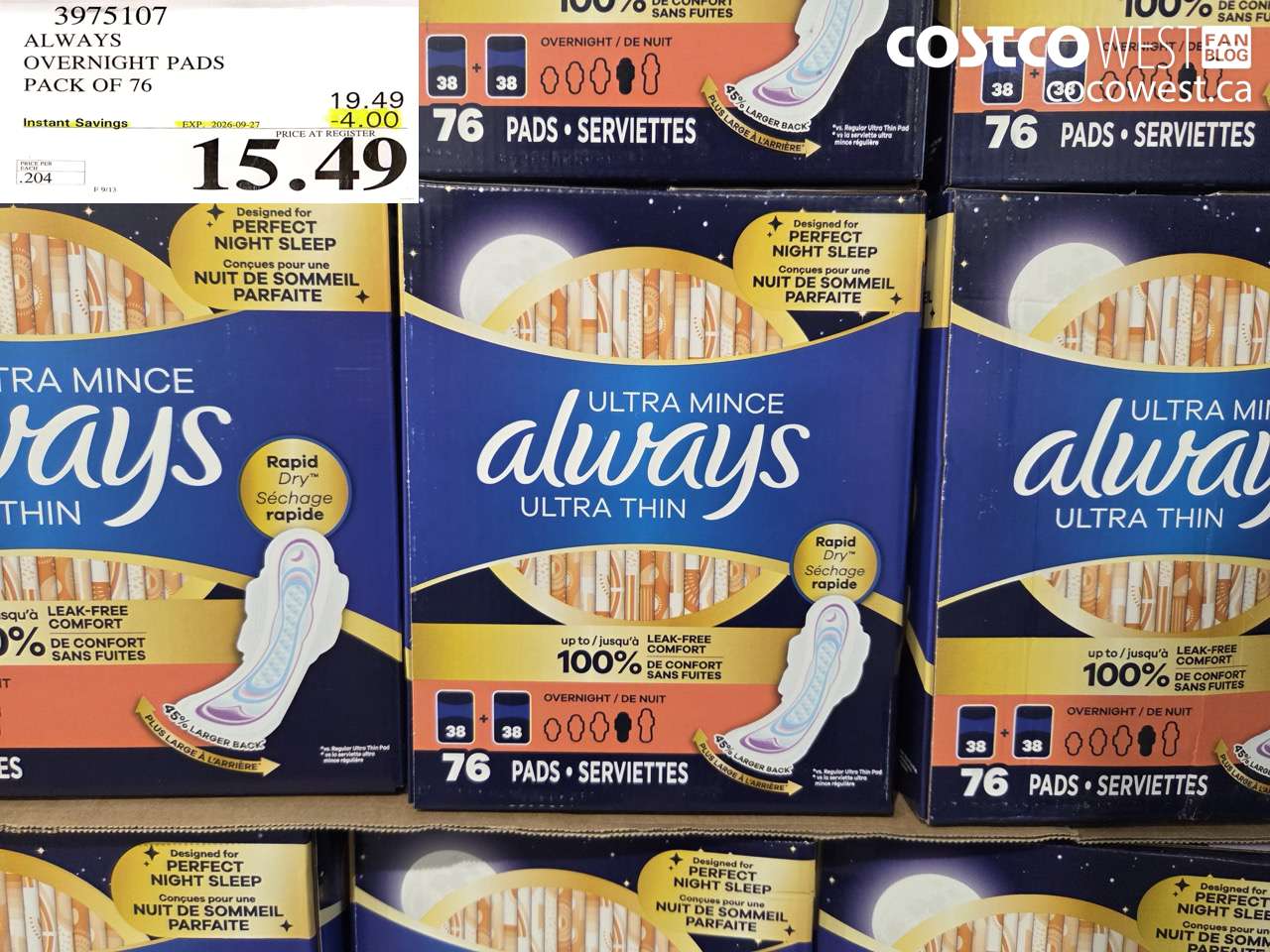 3975107 ALWAYS OVERNIGHT PADS PACK OF 76 ($4.00 INSTANT SAVINGS EXPIRES ON 2026-09-27) $15.49