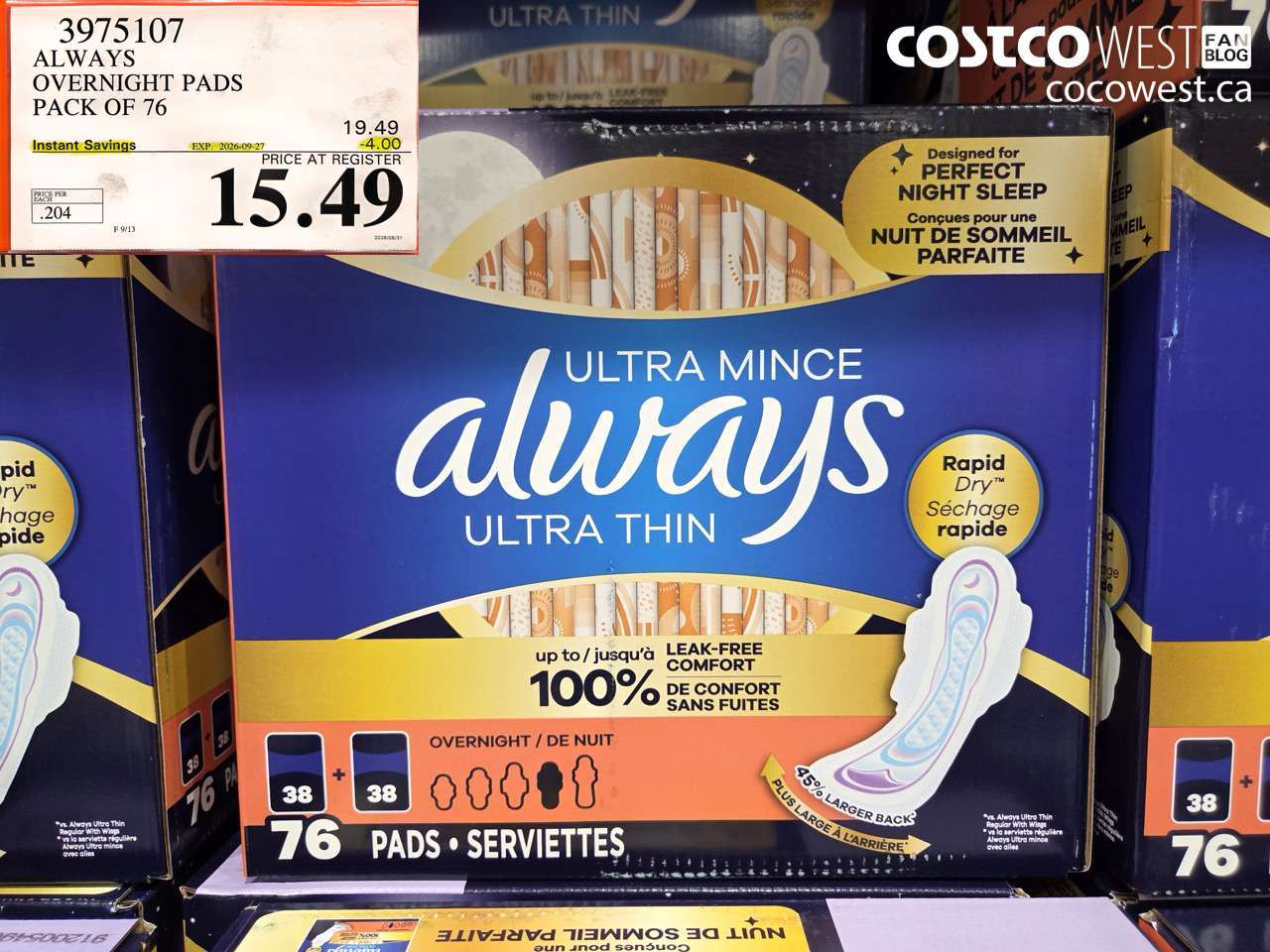 3975107 ALWAYS OVERNIGHT PADS PACK OF 76 ($4.00 INSTANT SAVINGS EXPIRES ON 2026-09-27) $15.49