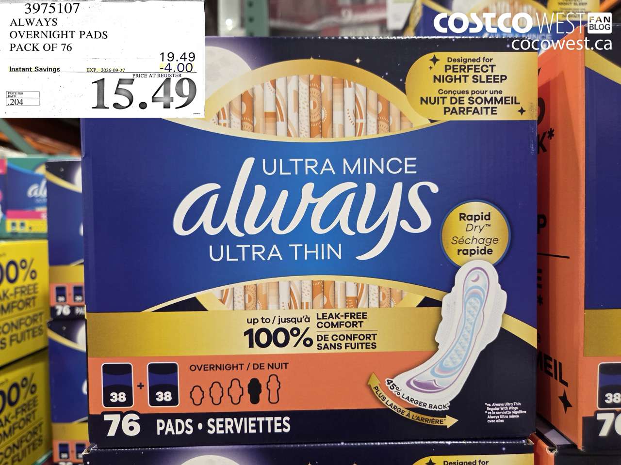 3975107 ALWAYS OVERNIGHT PADS PACK OF 76 ($4.00 INSTANT SAVINGS EXPIRES ON 2026-09-27) $15.49